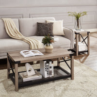 38.82" Farmhouse Coffee Table, 2-Tier Cocktail Table, Center Table with Mesh Shelf, Steel Frame, Corner Protection, Industrial Style, Long Table For Living Room, Grey