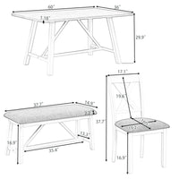 6 Piece Dining Table Set Wood Dining Table and chair Kitchen Table Set with Table, Bench and 4 Chairs, Rustic Style, White+Gray