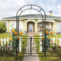 Metal Garden Arch with Gate 79.5'' Wide x 86.6'' High Climbing Plants Support Rose Arch Outdoor Black