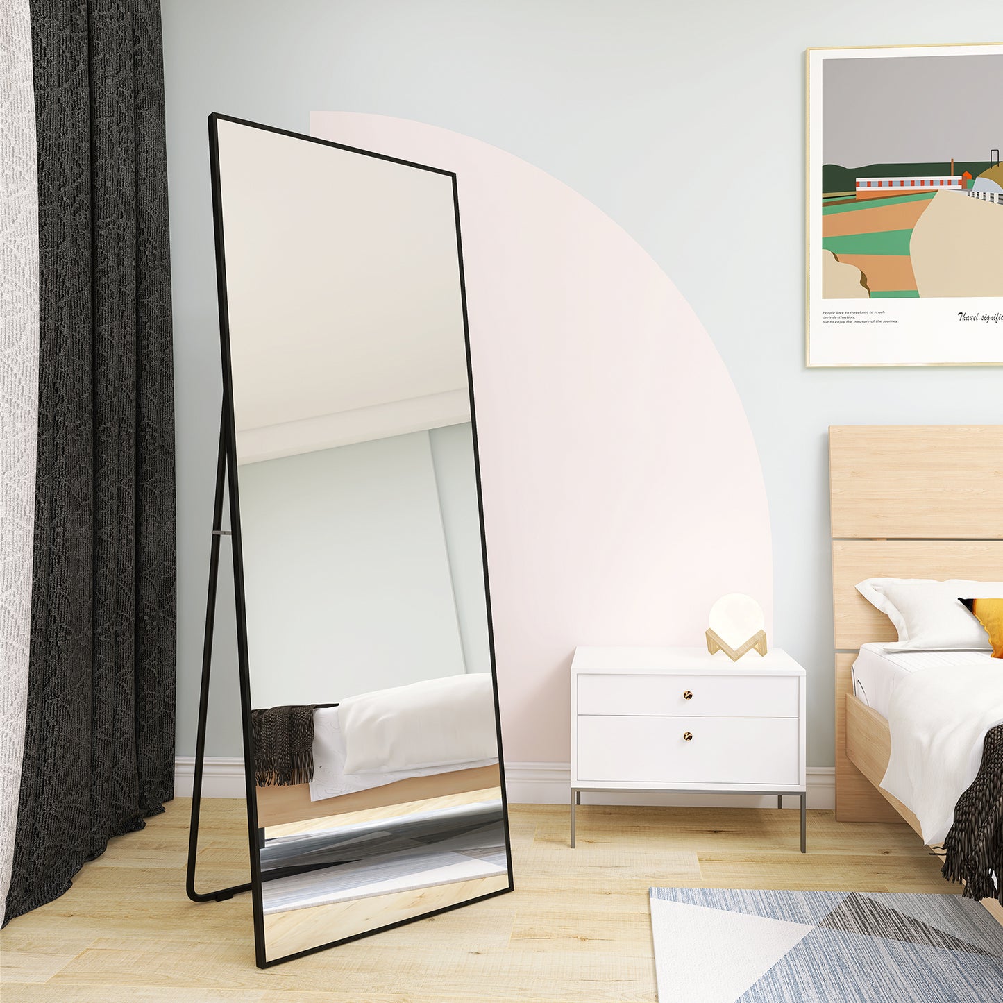 65" x 24" Full Length Mirror Hanging Standing or Leaning, Bedroom Mirror Floor Mirror Wall-Mounted Mirror with Alloy Frame, Black