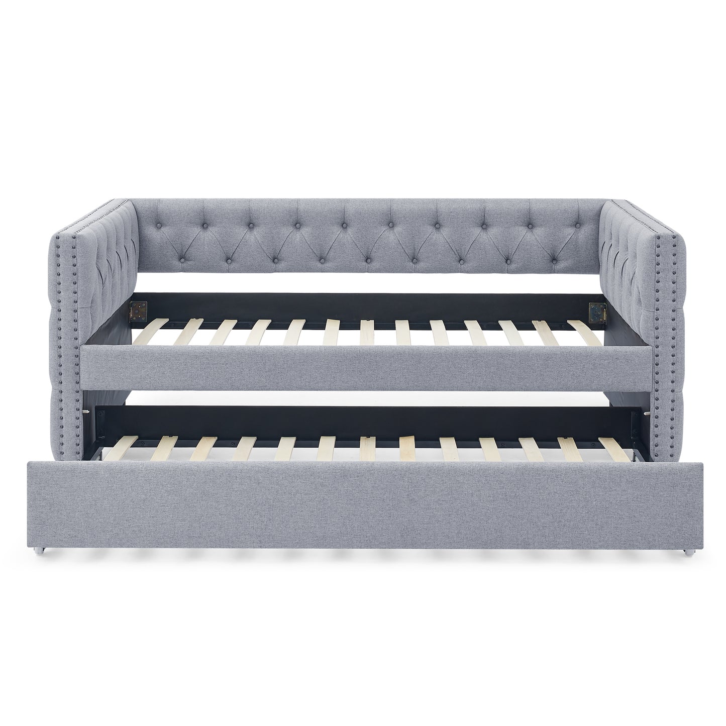 Daybed with Trundle Upholstered Tufted Sofa Bed with Button and Copper Nail on Square Arms, Twin Size, Grey (85“x42.5”x31.5“)