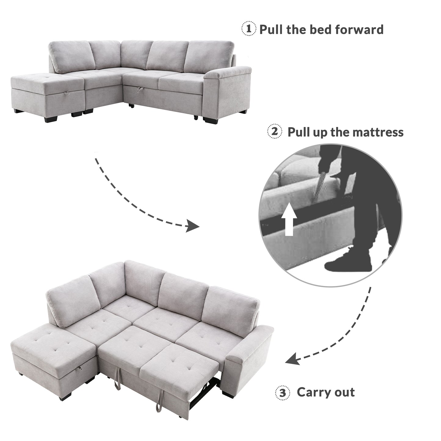 86" Sleeper Sectional Sofa, L-Shape Corner Couch Sofa-Bed with Storage Ottoman &  Hidden Arm Storage for Living Room Apartment