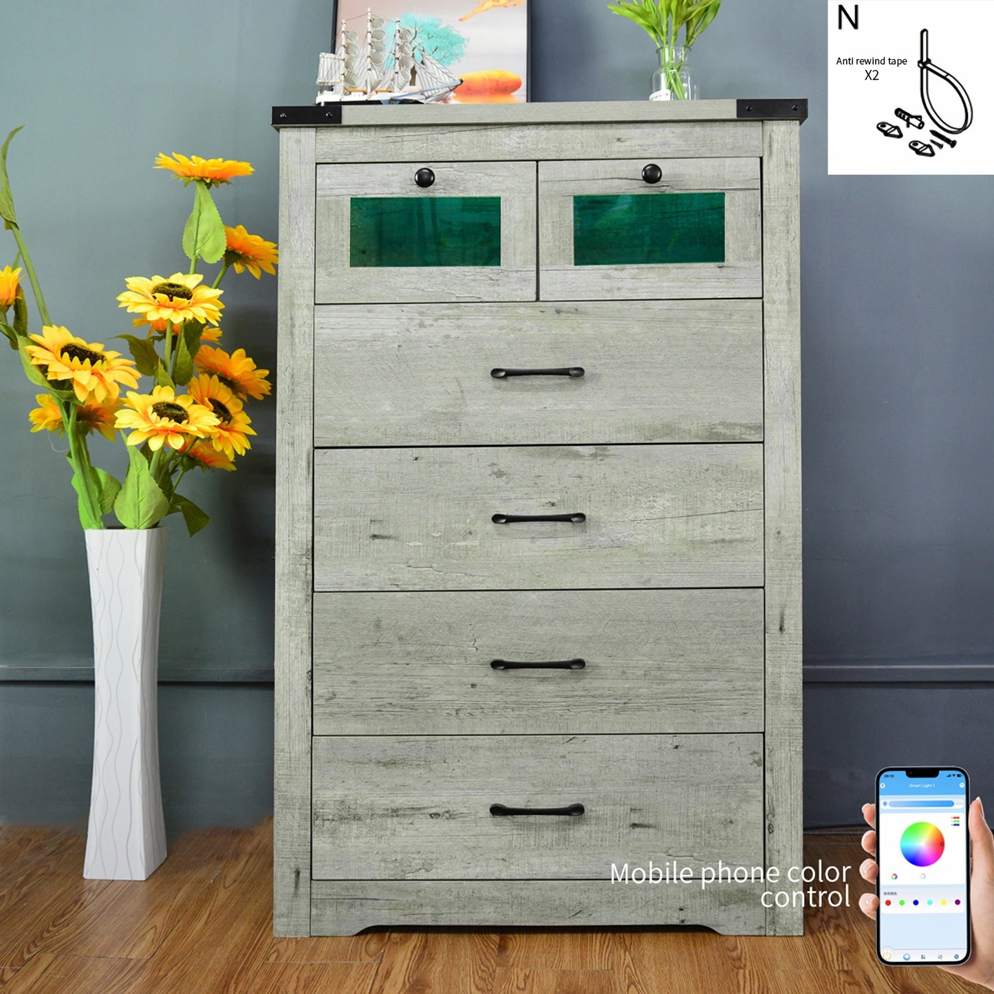 Bedroom wooden dresser, 6 drawers with LED light locker, living room side cabinet, suitable for bedroom, living room, corridor.