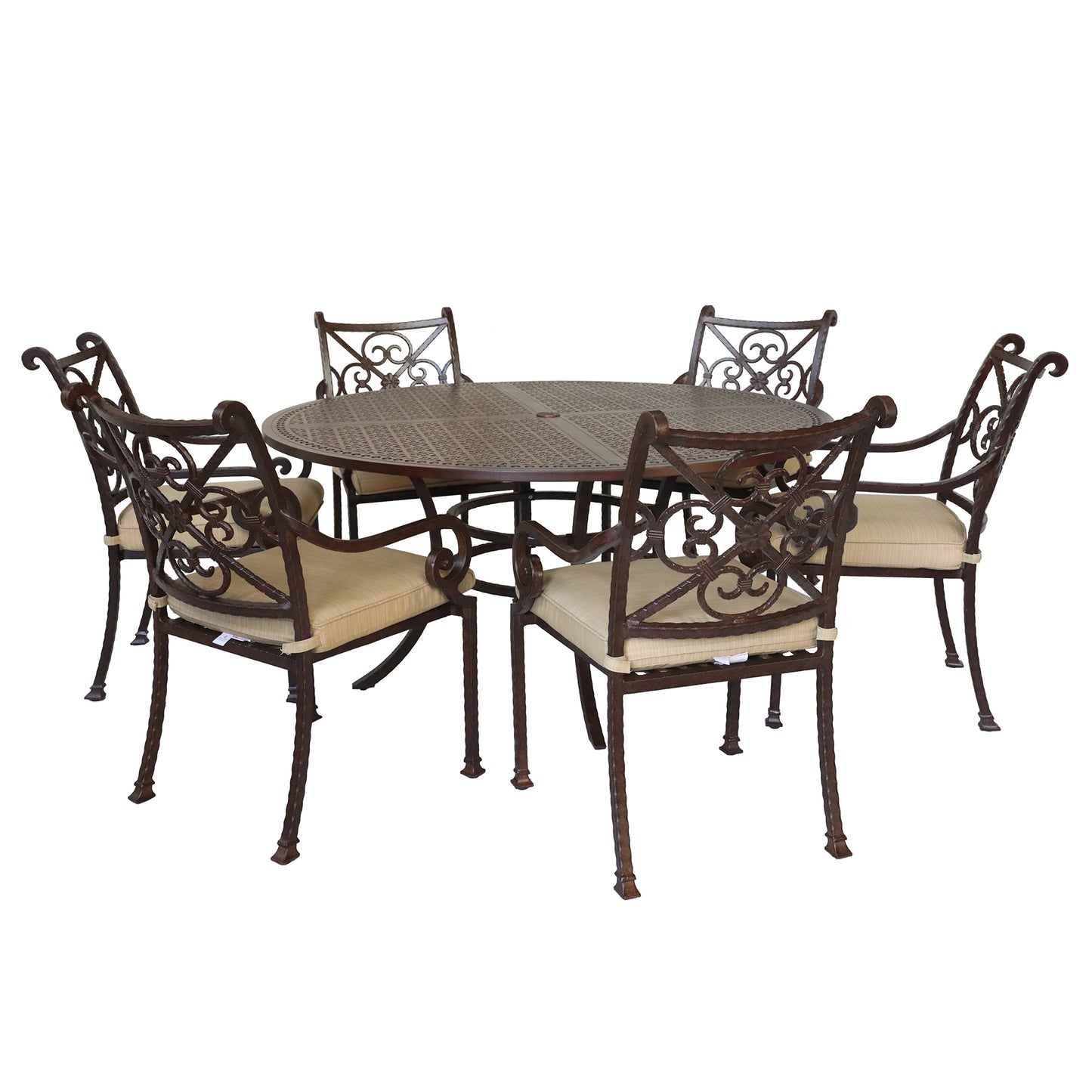 Cast Rose Ebony Aluminum 7-Piece Round Dining Set With 6 Arm Chairs, Beige