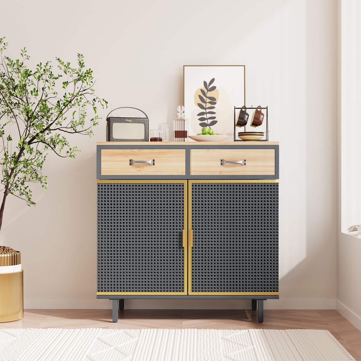 31.5'' Wide 2 Drawer Sideboard, Modern Furniture Decor, Made with Iron + Carbonized Bamboo, Easy Assembly