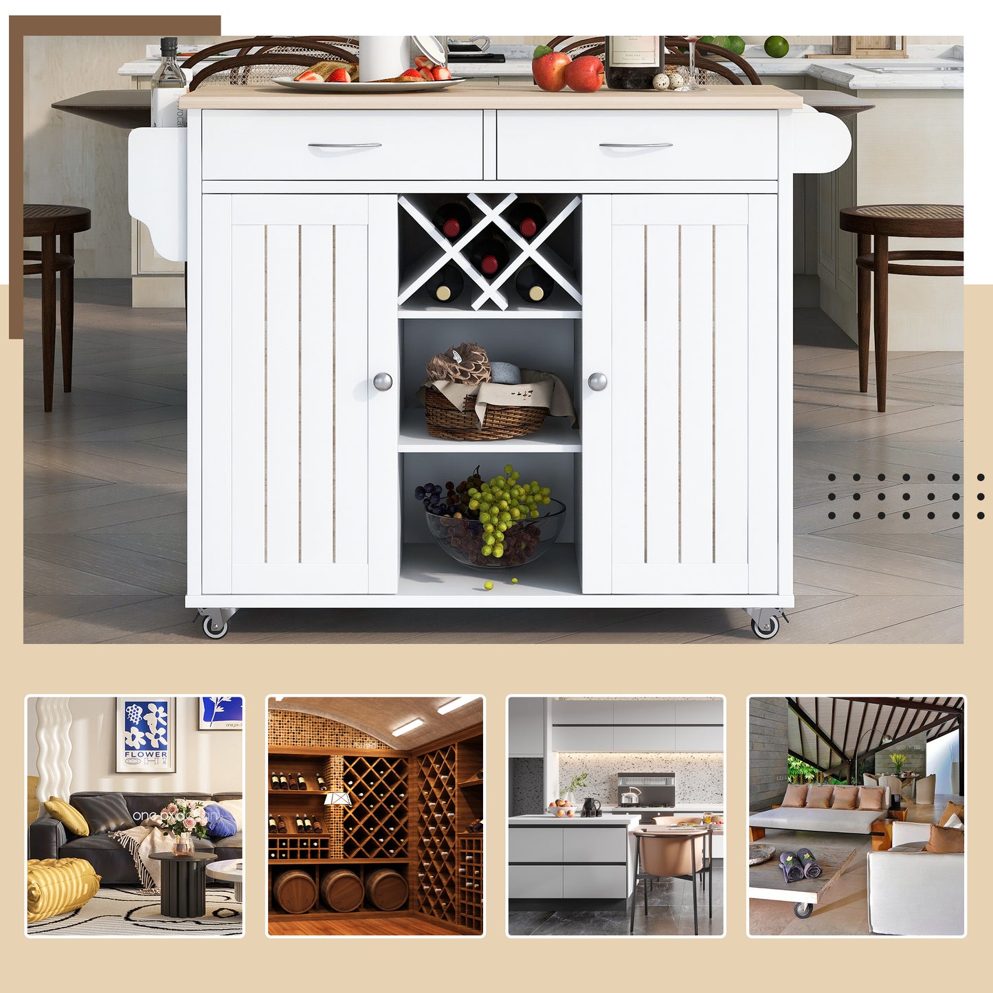 K&K Store Kitchen Island Cart with Two Storage Cabinets and Four Locking Wheels, Wine Rack, Two Drawers, Spice Rack, Towel Rack (White)