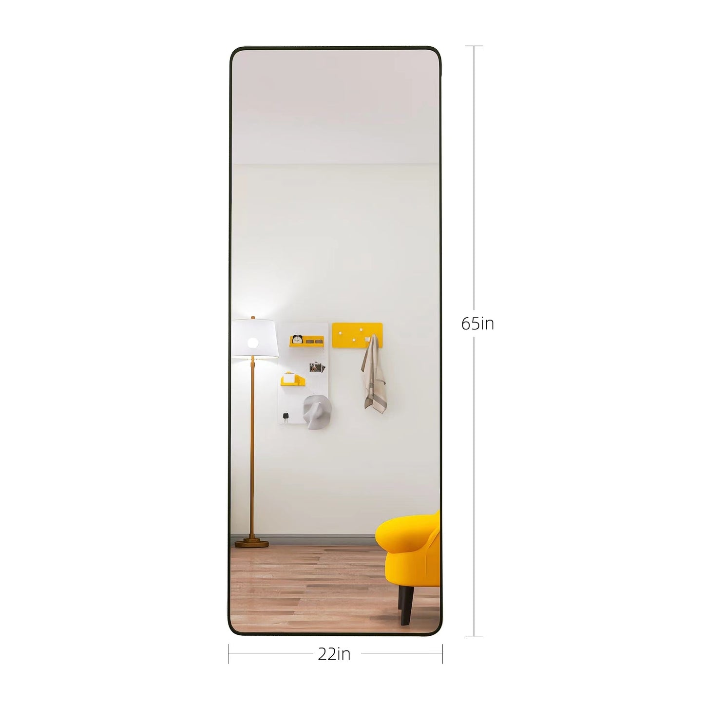 Square Rounded Corners Full Length Mirror Floor Mirror Hanging Standing or Leaning, Bedroom Mirror Wall-Mounted Mirror Dressing Mirror with Black Aluminum Alloy Frame, 65" x 22"