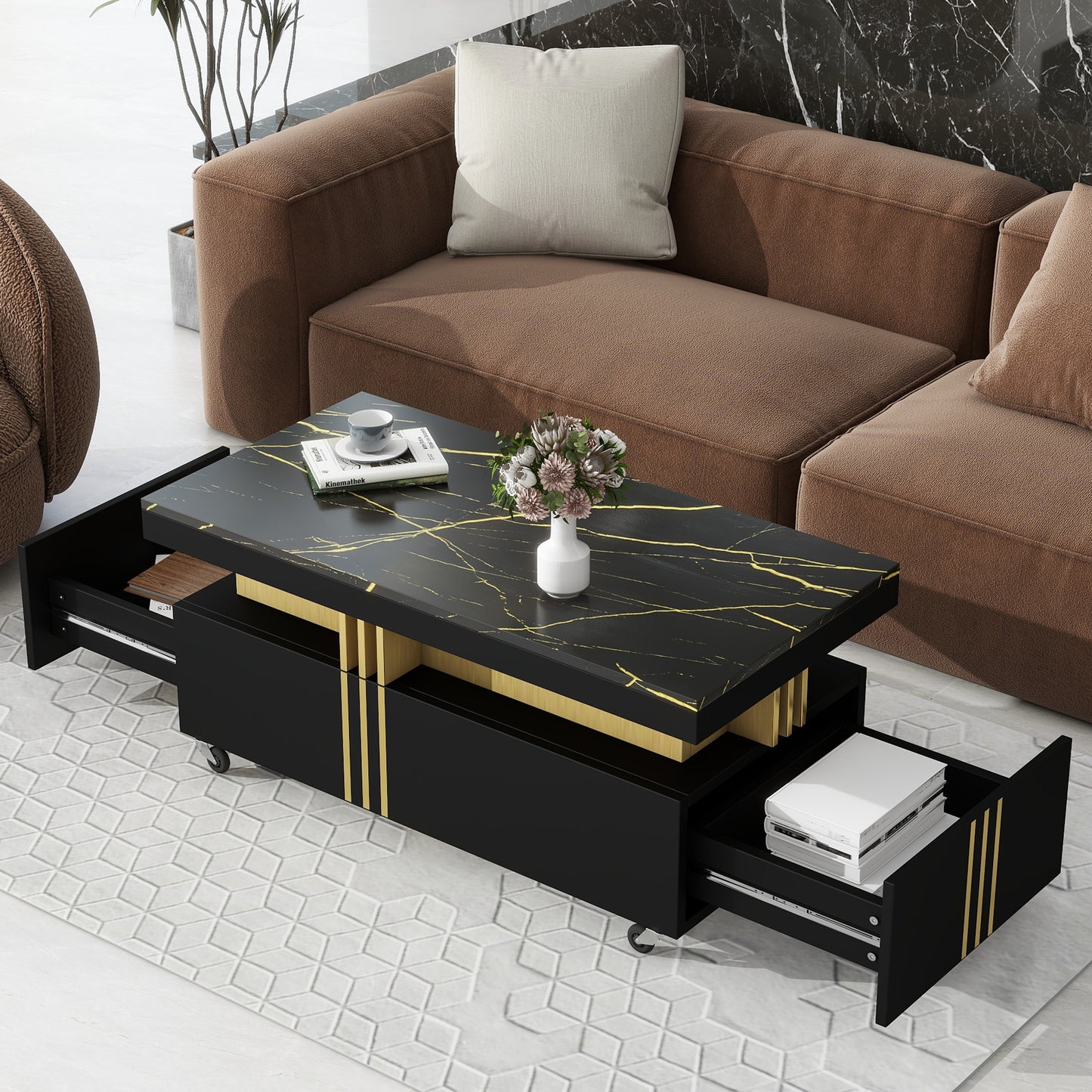 ON-TREND Contemporary Coffee Table with Faux Marble Top, Rectangle Cocktail Table with Caster Wheels, Moderate Luxury Center Table with Gold Metal Bars for Living Room, Black