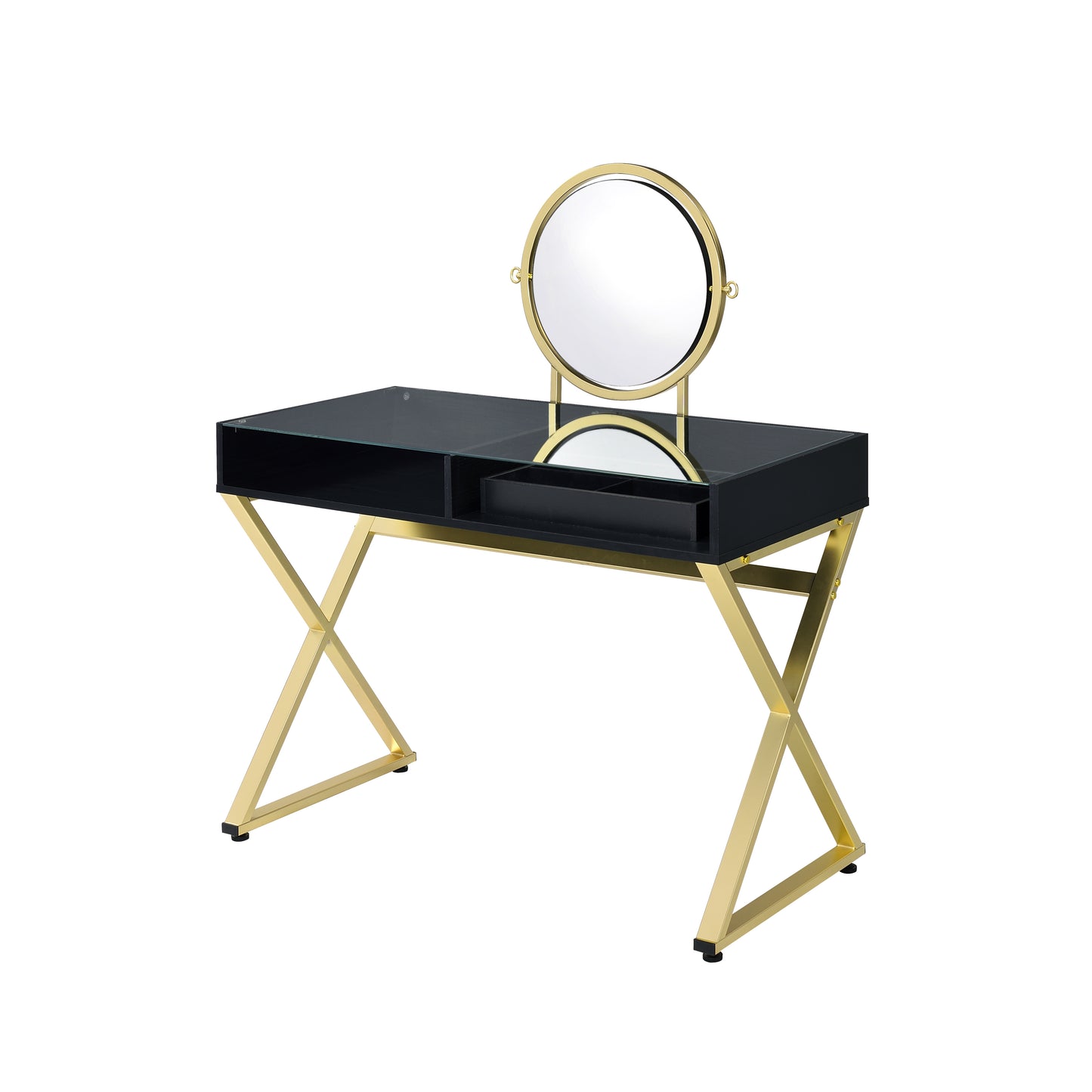 ACME Coleen Vanity Desk w/Mirror & Jewelry Tray in Black & Gold Finish