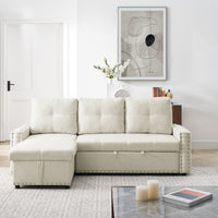 Sectional Sofa with Pulled Out Bed, 2 Seats Sofa and Reversible Chaise with Storage, Both Hands with Copper Nail, Beige, (85" x 56.5" x 35")