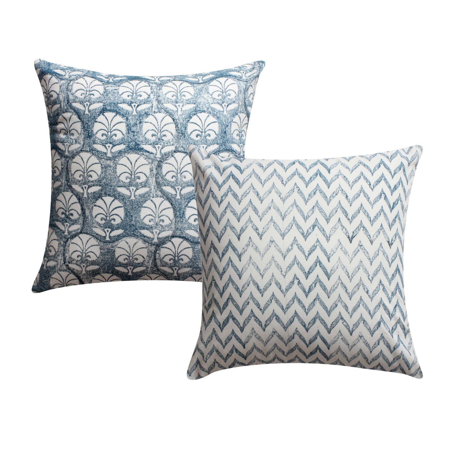 18 x 18 Square Cotton Accent Throw Pillow, Floral and Chevron Patterns, Set of 2, White, Blue