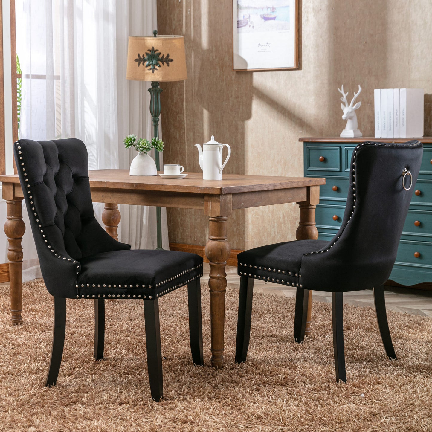 A&A Furniture, Nikki Collection Modern, High-end Tufted Solid Wood Contemporary Velvet Upholstered Dining Chair with Wood Legs Nailhead Trim 2-Pcs Set, Black