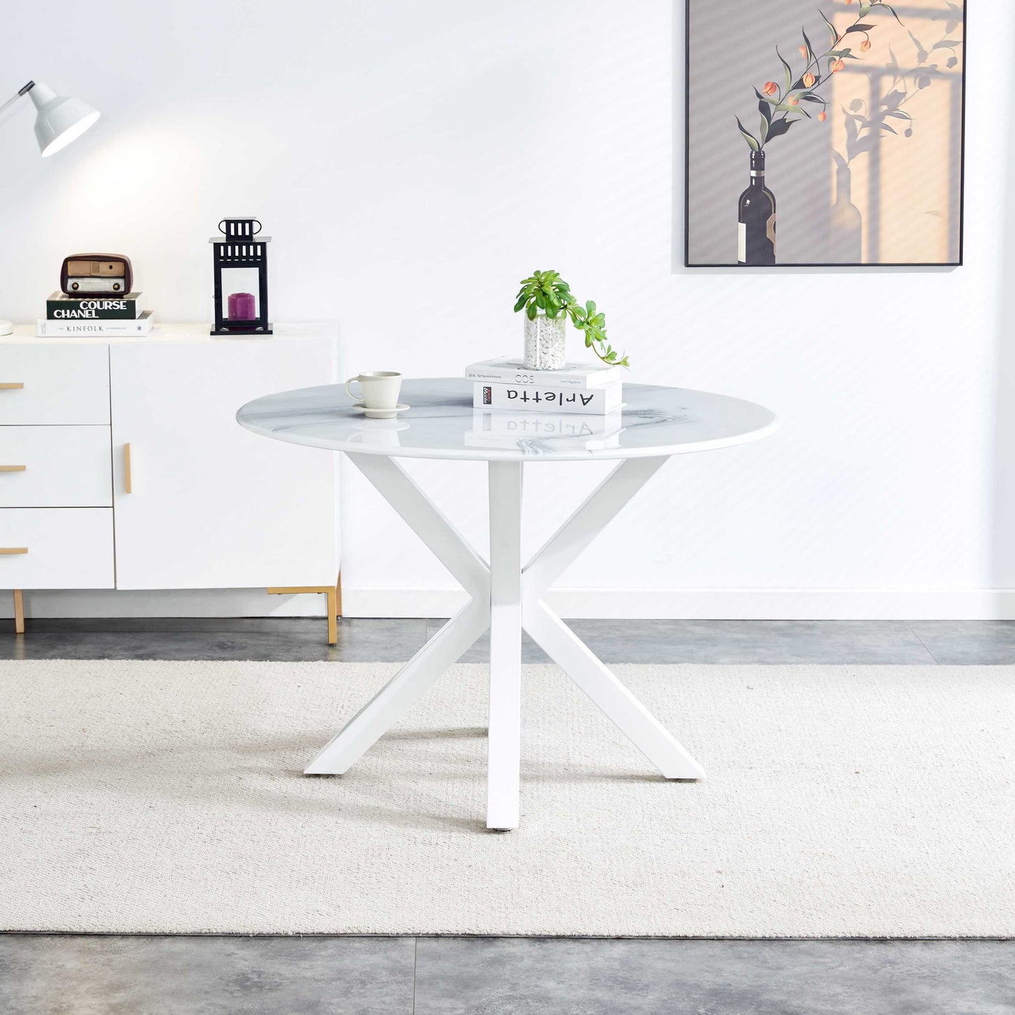 42.1"WHITE Table cross leg Mid-century Dining Table for 4-6 people With Round Mdf Table Top, Pedestal Dining Table, End Table Leisure Coffee Table