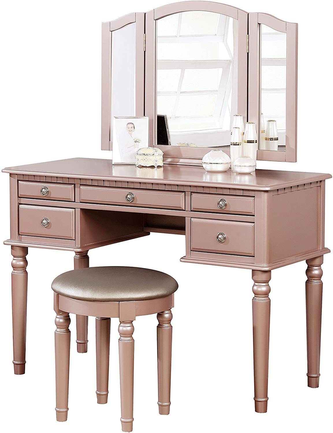 Bedroom Contemporary Vanity Set with Foldable Mirror Stool Drawers Rose Gold Color