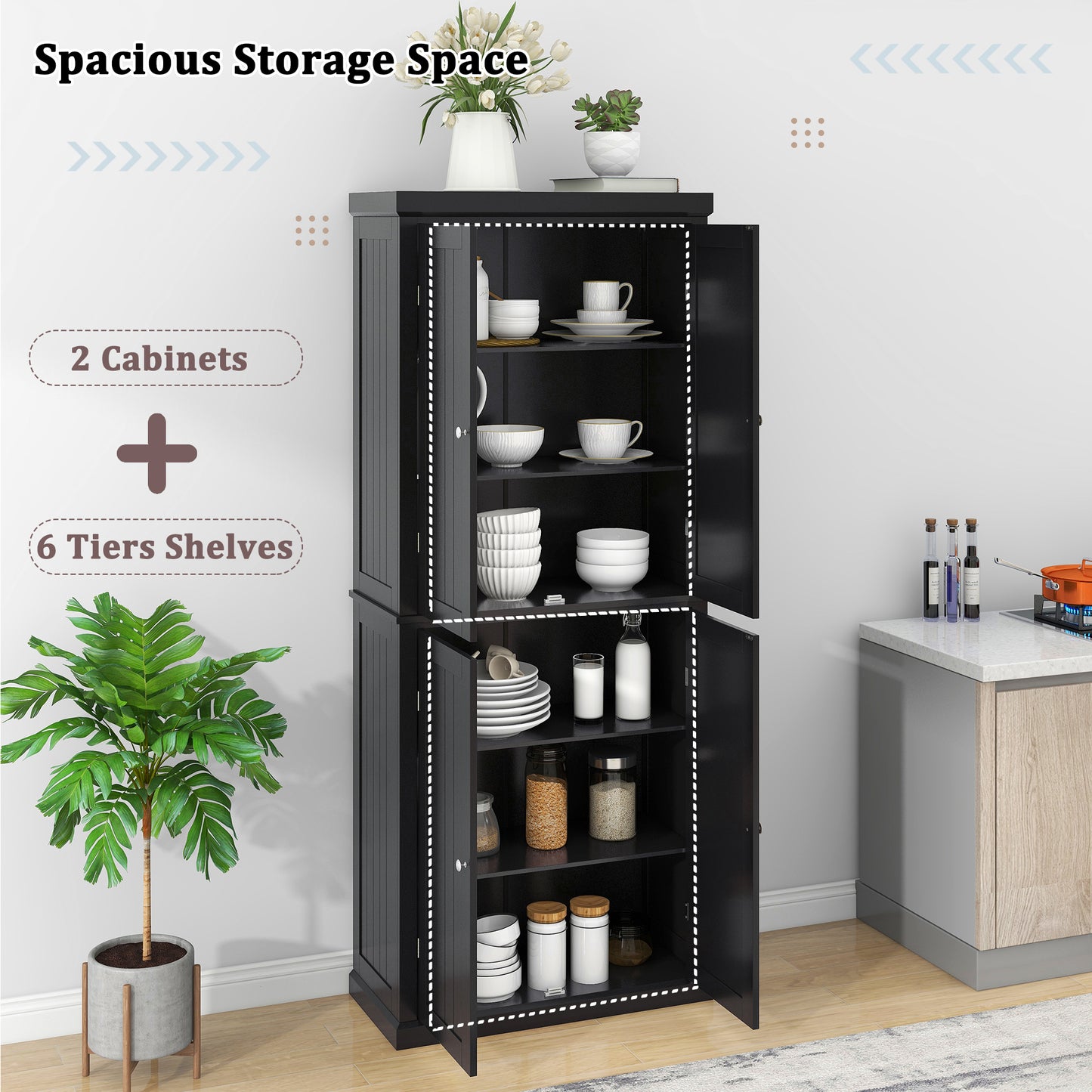 Freestanding Tall Kitchen Pantry, 72.4" Minimalist Kitchen Storage Cabinet Organizer with 4 Doors and Adjustable Shelves, Black