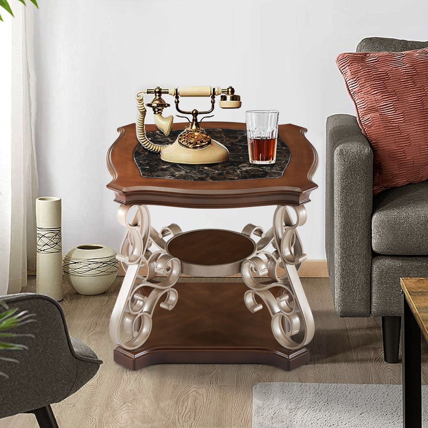 End table, marble paper top,  MDF with brich middle shelf, powder coat finish metal legs. (26.2"Lx26.2"Wx24"H)