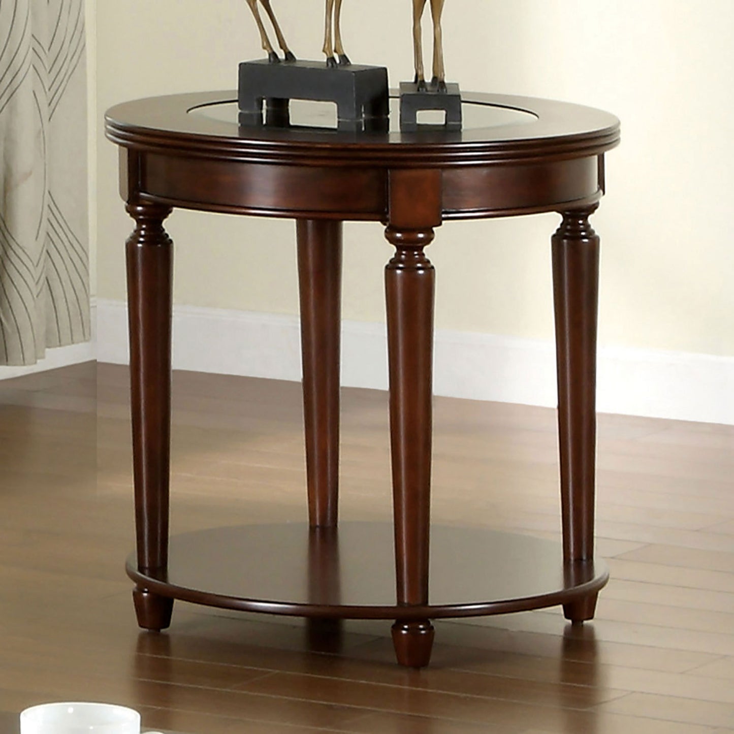 Transitional 1pc End Table Dark Cherry Open Bottom Shelf Beveled Glass Top Turned Legs Living Room Furniture