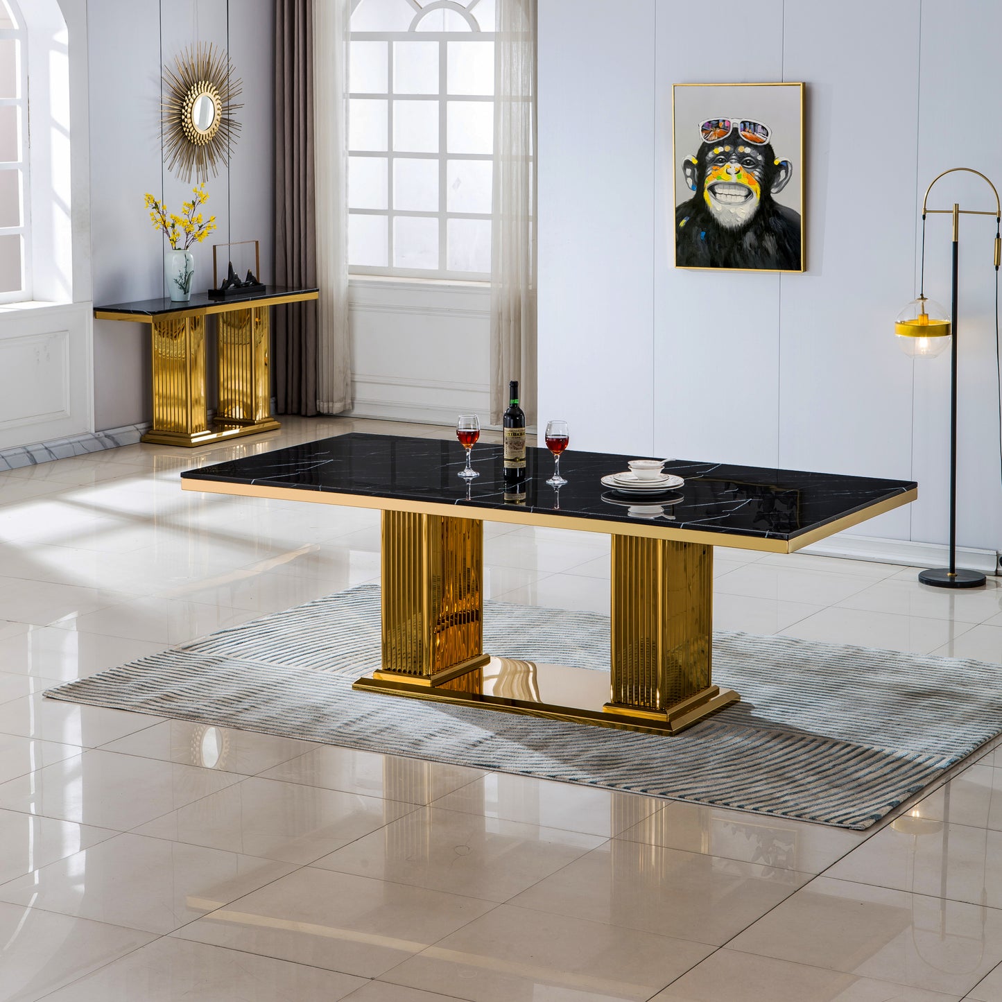 Modern Rectangular Marble Dining Table, 0.71" Thick Marble Top, Double Pedestal Pillar Stainless Steel Base with Gold Mirrored Finish(Not Including Chairs)