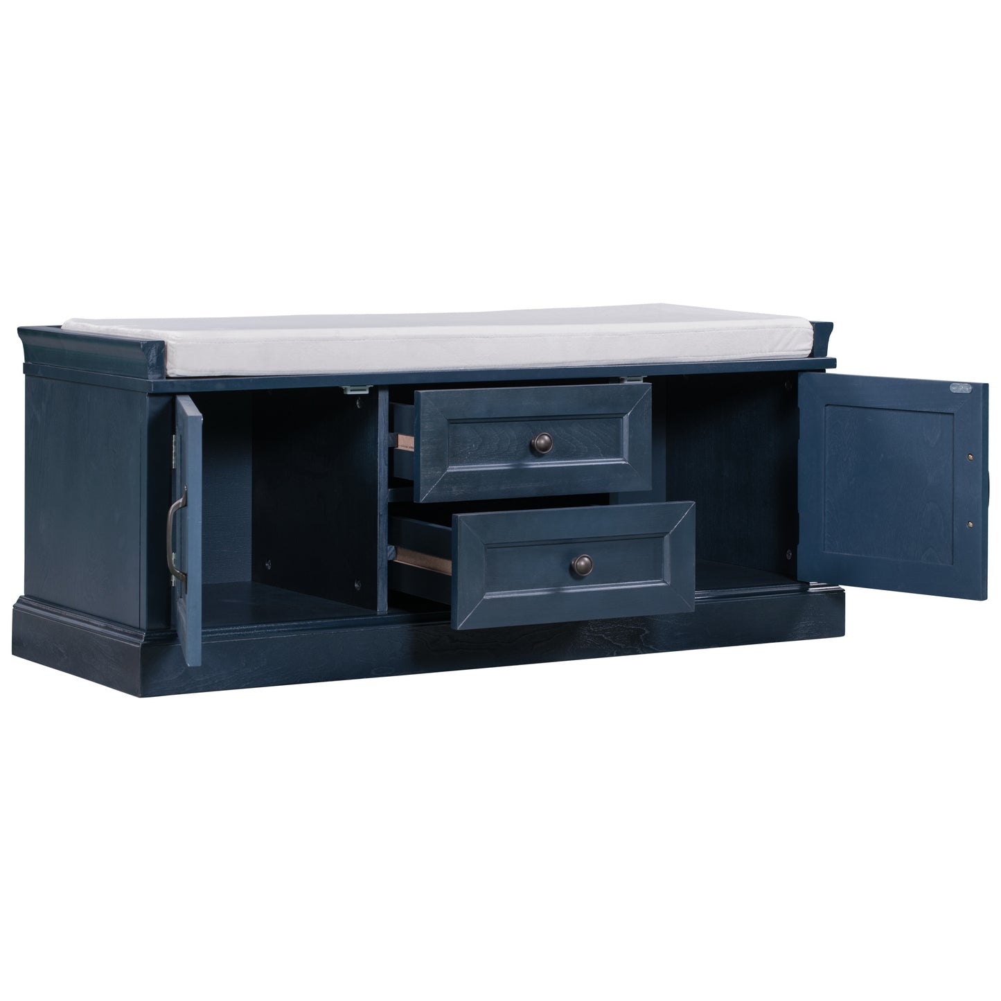 Storage Bench with 2 Drawers and 2 Cabinets, Shoe Bench with Removable Cushion for Living Room, Entryway (Antique Navy)