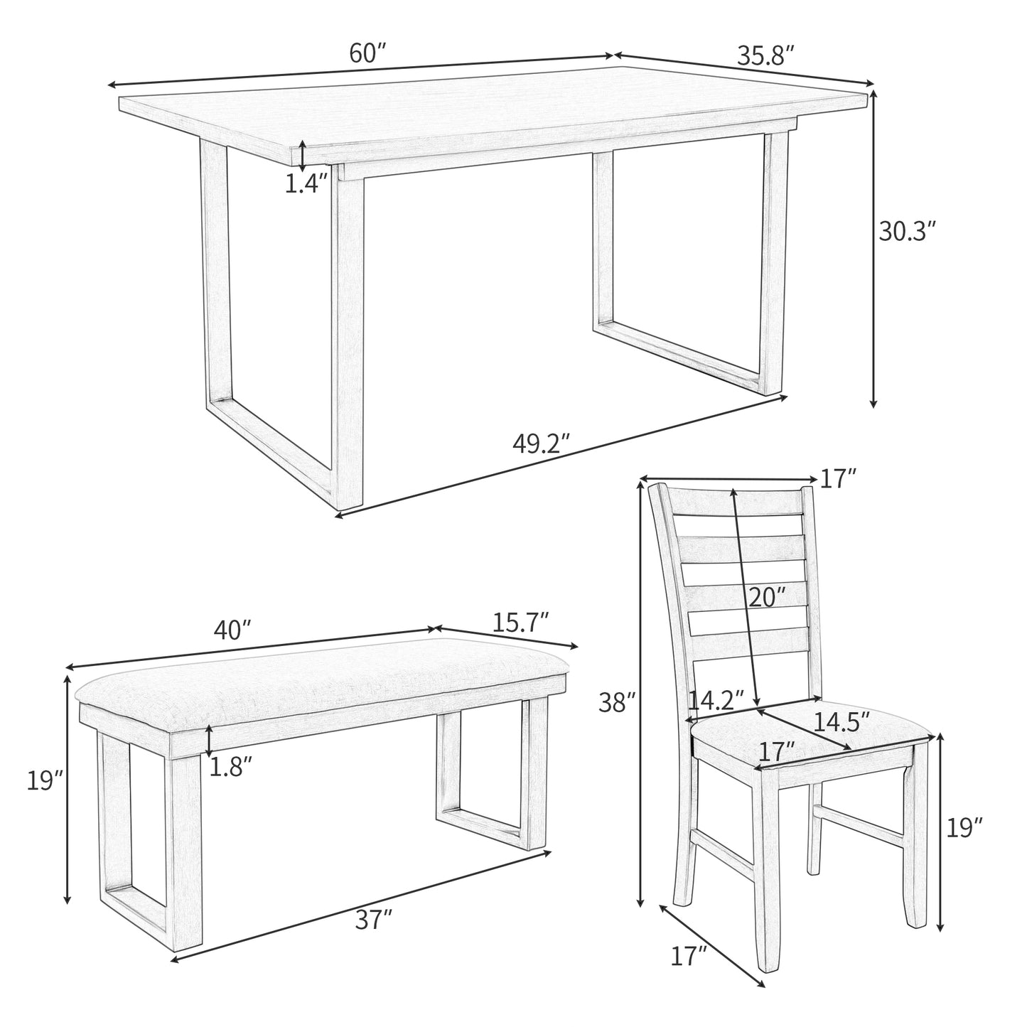 6-Pieces Family Furniture, Solid Wood Dining Room Set with Rectangular Table & 4 Chairs with Bench (Gray)