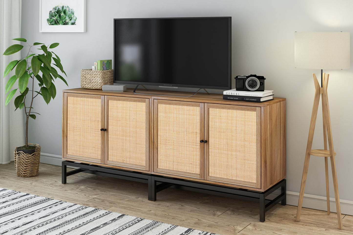 Natural Rattan, 2 Door Cabinet with 1 Adjustable Inner Shelves, Rattan, Accent Storage Cabinet