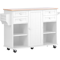 K&K kitchen island cart with Spice Rack, Towel Rack & Drawer, Rubber Wood Desktop, 5 Wheels Including 4 Lockable Wheels, 52.8inch Width (White)