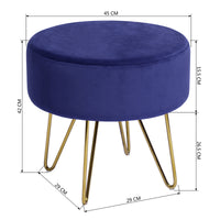 17.7"  Decorative Round Shaped Ottoman with Metal Legs - Navy Blue and Gold