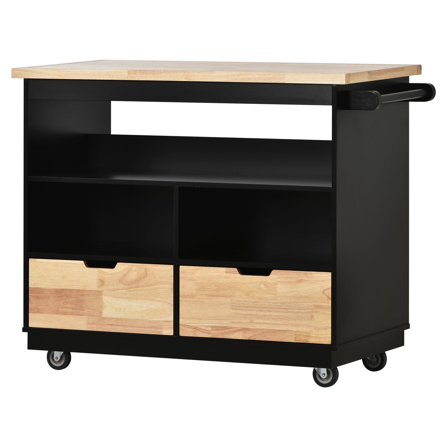 Kitchen Cart Rolling Mobile Kitchen Island Solid Wood Top, Kitchen Cart With 2 Drawers, Tableware Cabinet (Black)