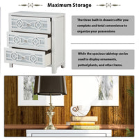 Wooden Storage Cabinet with 3 Drawers and Decorative Mirror, Natural Wood (Antique White)