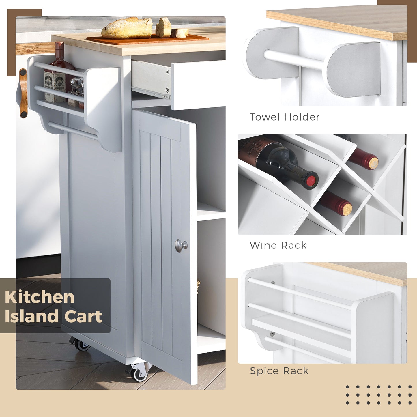 K&K Store Kitchen Island Cart with Two Storage Cabinets and Four Locking Wheels, Wine Rack, Two Drawers, Spice Rack, Towel Rack (White)