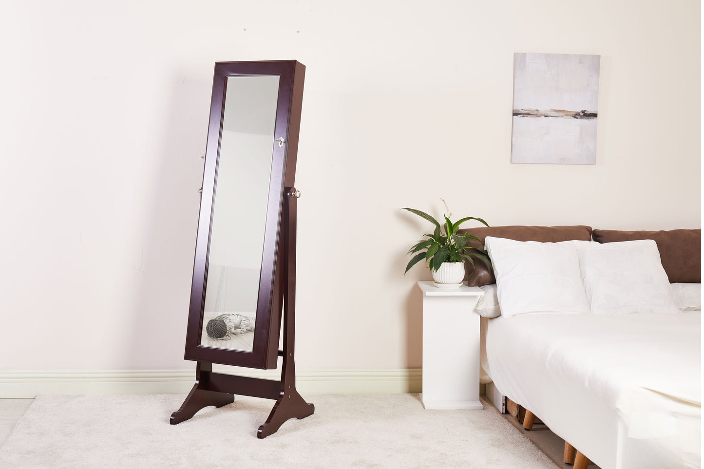 European-Style Retro with Full-Length Mirror Wooden Vertical Jewelry Cabinet with LED Lights