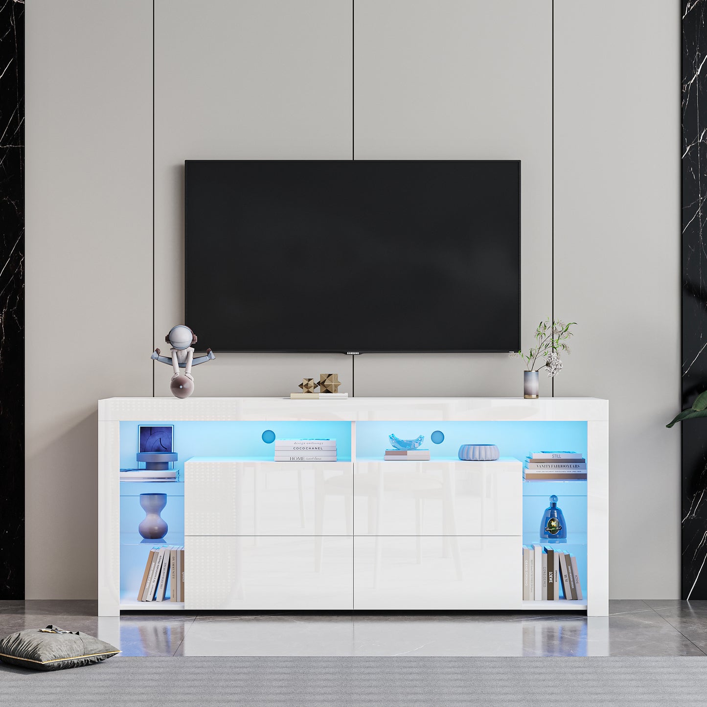 White Modern contracted LED TV Cabinet with Storage Drawers，4 Storage Cabinet with Open Shelves for Living Room Bedroom