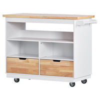 Kitchen Cart Rolling Mobile Kitchen Island Solid Wood Top, Kitchen Cart With 2 Drawers, Tableware Cabinet (White)