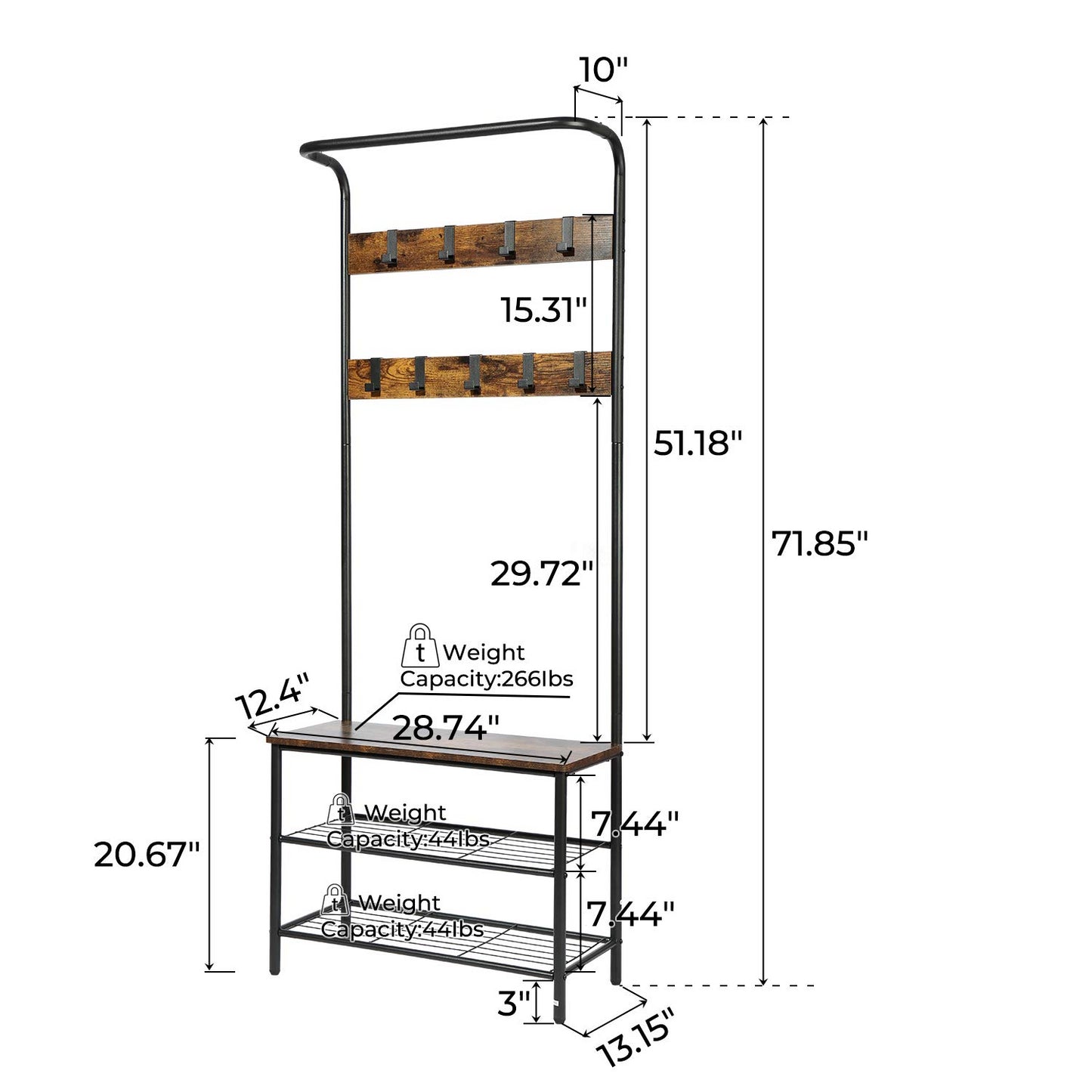 Coat Rack Shoe Bench with Hooks, 3-in1 Hall Tree Coat Shoe Rack Stand, 3-Tier Shoe Bench with Coat Hat Rack for Entryway Hall Foyer Mudroom Bedroom, Easy Assembly, Rustic Brown