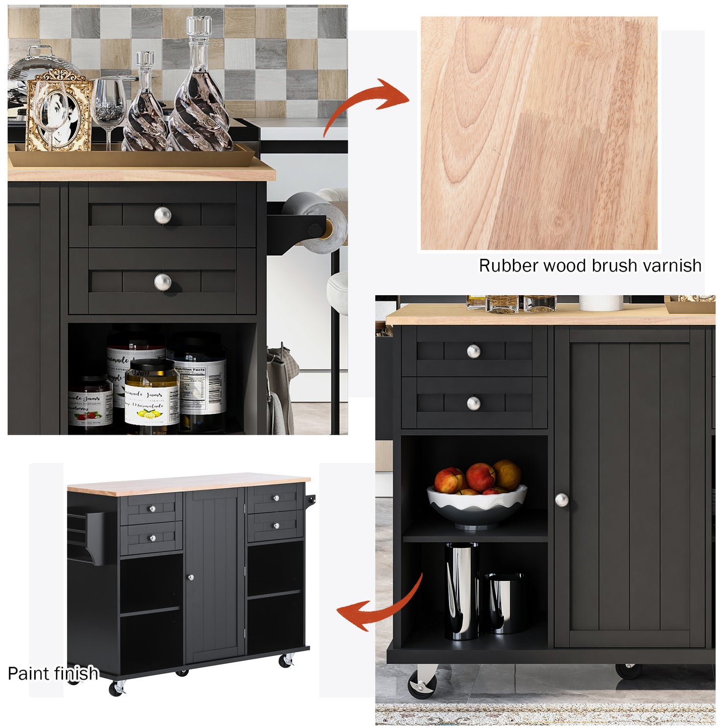 K&K kitchen island cart with Spice Rack, Towel Rack & Drawer, Rubber Wood Desktop, 5 Wheels Including 4 Lockable Wheels, 52.8inch Width (Black)