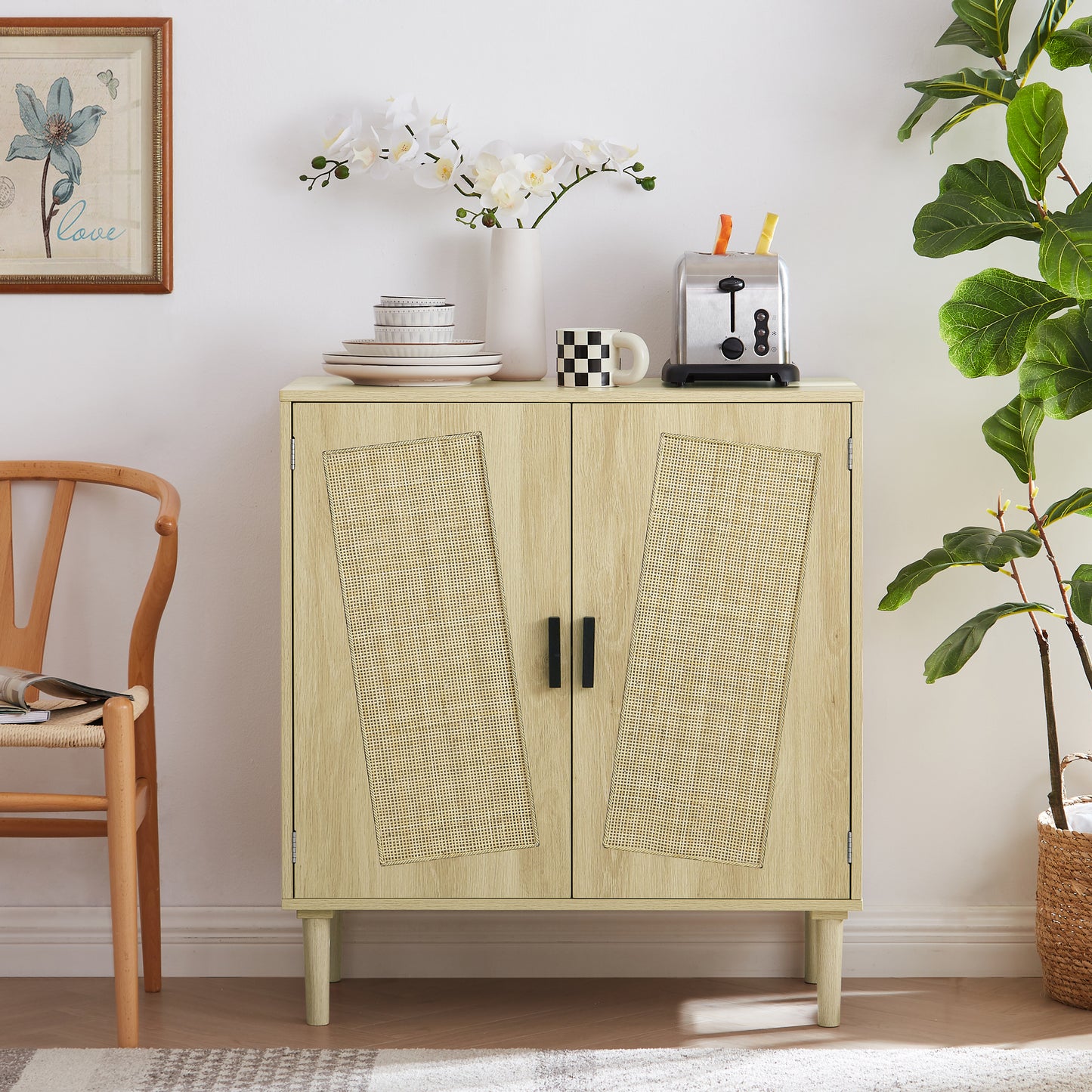 Kitchen Storage Cabinets with Rattan Decorative Doors, Buffets, Wine Cabinets, Dining Rooms, Hallways, Cabinet Console tables (Natural, 31.5''LX 15.8''WX 34.6"H）.