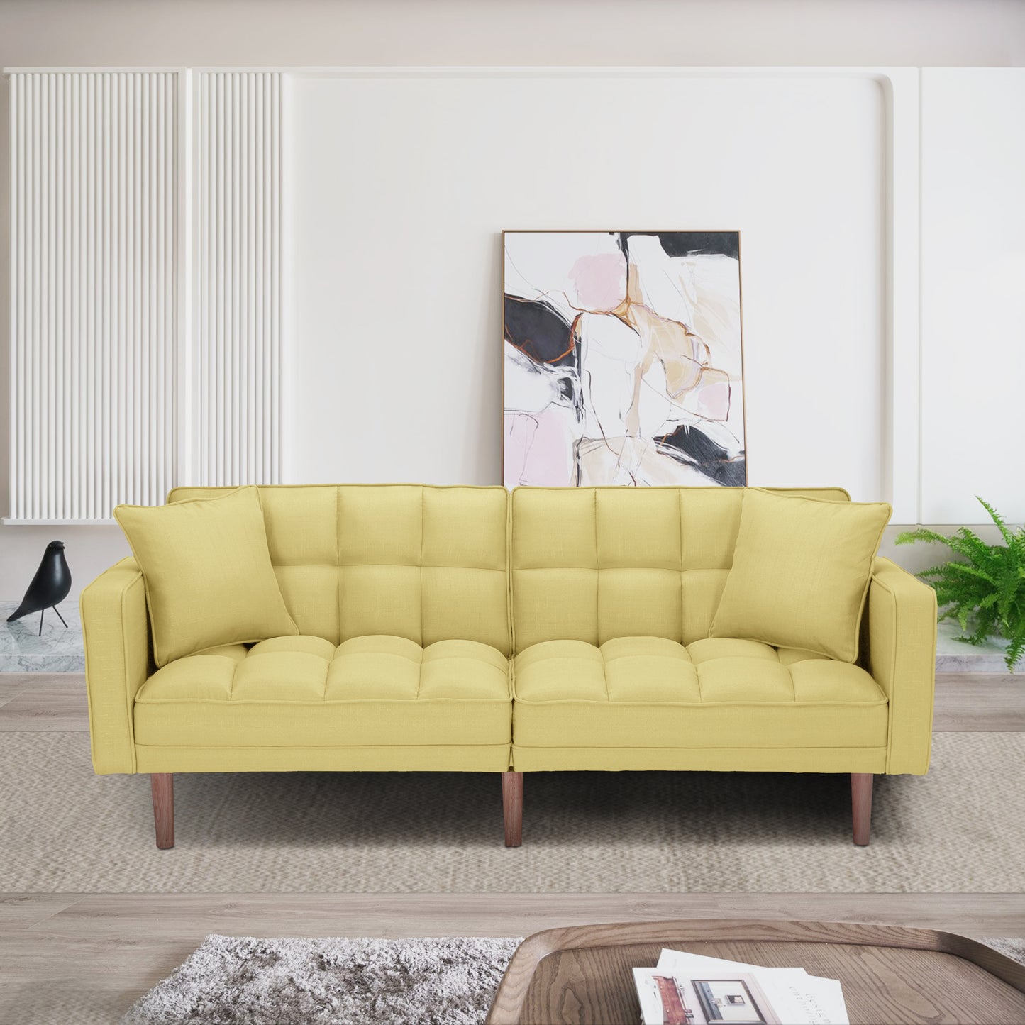 Futon Sleeper Sofa with 2 Pillows Yellow Fabric