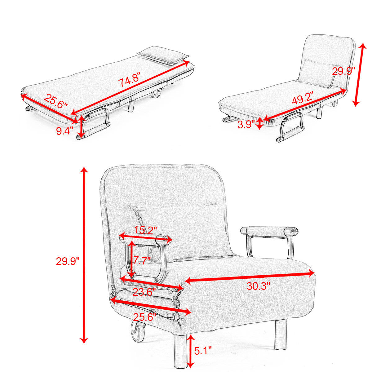 Lounge Chair Adjustable Folding Dual-Purpose Chair Sofa Bed Recliner Chair - Blue with Pillow