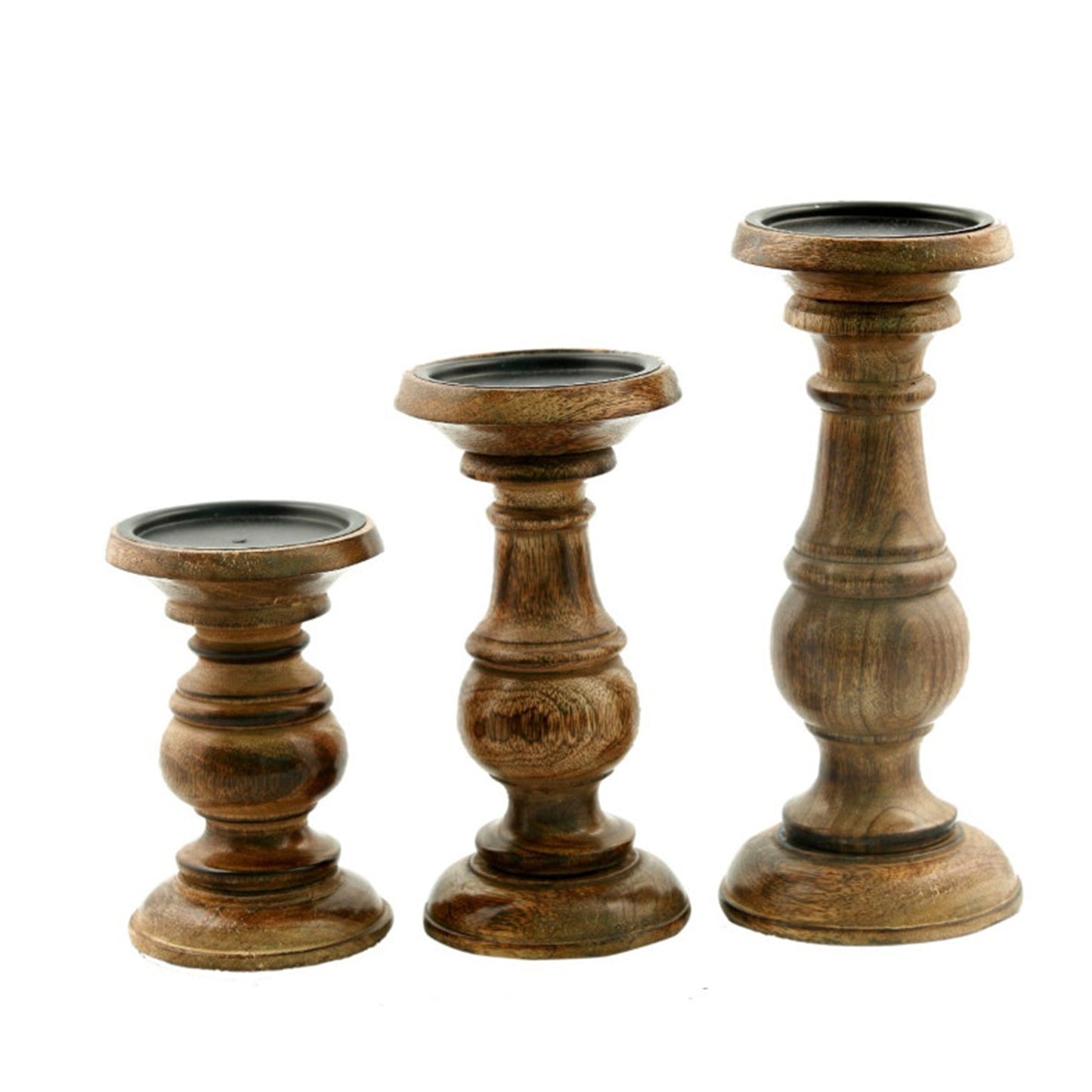 Pillar Shaped Wooden Candle Holder, Set of 3, Brown