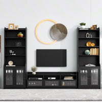 ON-TREND Chic Elegant Entertainment Wall Unit with Tall Cabinets, Modern TV Console Table for TVs Up to 65", Multifunctional TV Stand Set with Acrylic Board Door, Black