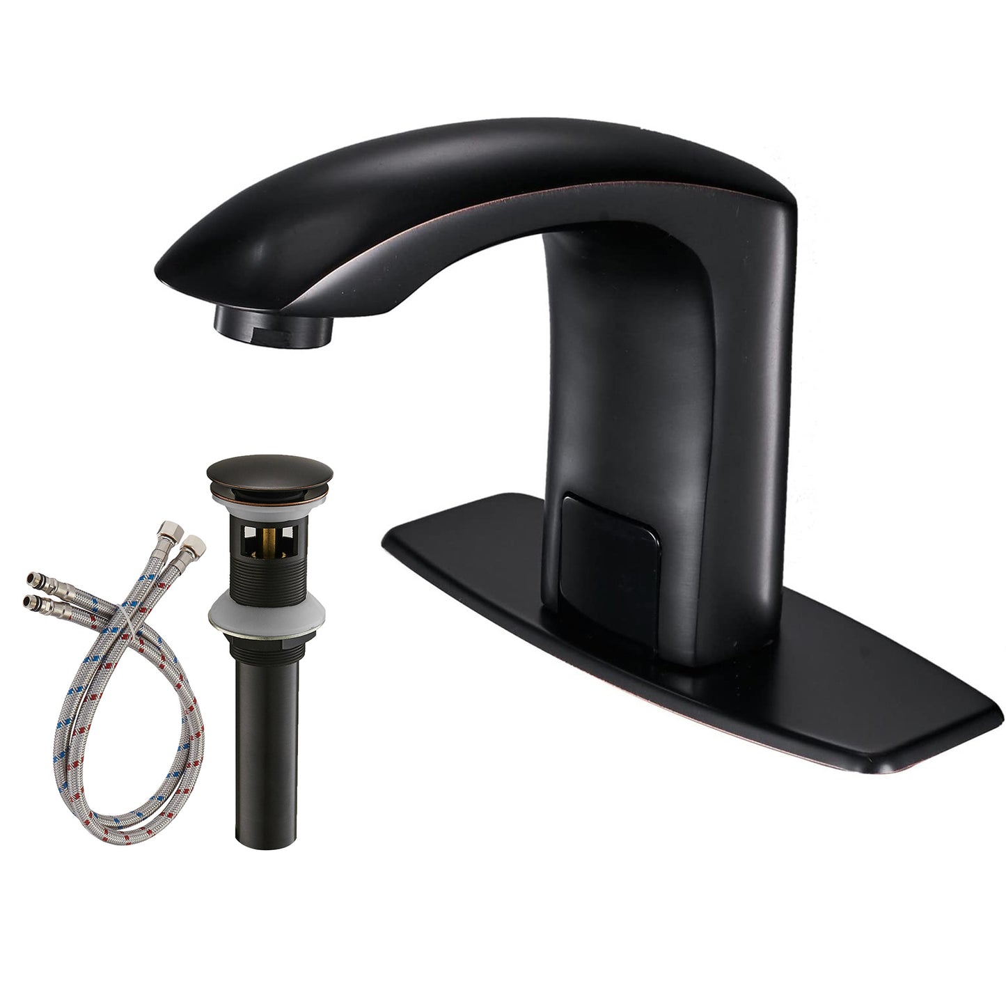 DC Powered Commercial Touchless Single Hole Bathroom Faucet With Deck Plate & Pop Up Drain In Oil Rubbed Bronze