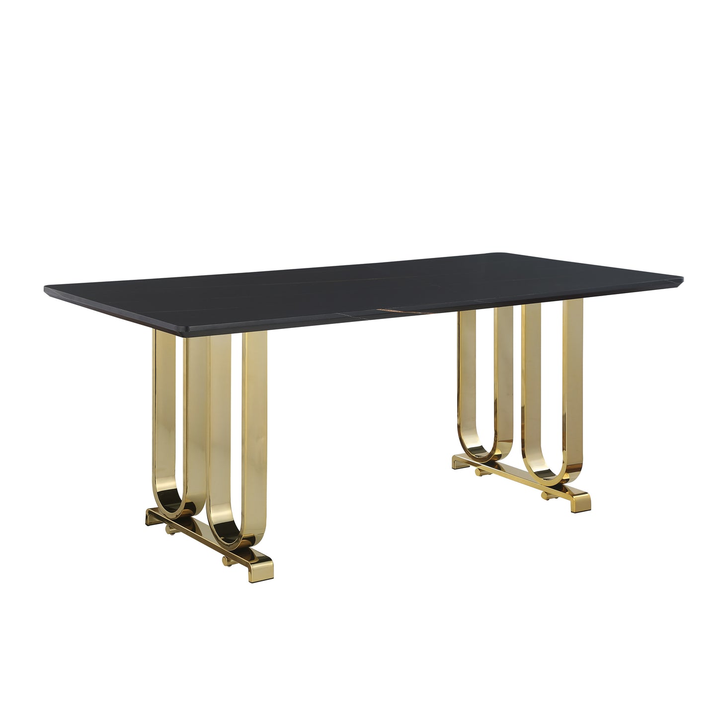 Contemporary Dining Table with Lauren Gold Black Top, Polished Gold Metal Base, 71" W x 35" D x 30" H, Black+Polished Gold