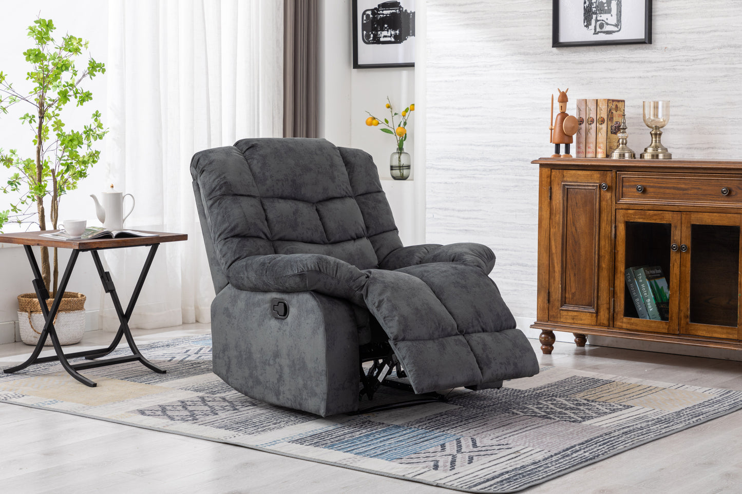 Classic Manual Recliner with Sofa Padding and Modern Padded Arms and Back, Grey