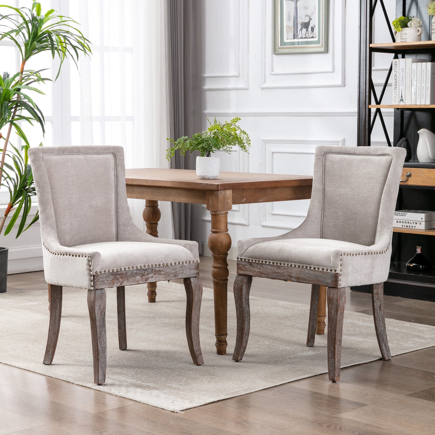 A&A Furniture, Ultra Side Dining Chair, Thickened Fabric Chairs with Neutrally Toned Solid Wood Legs, Bronze Nail Head, Set of 2, Beige