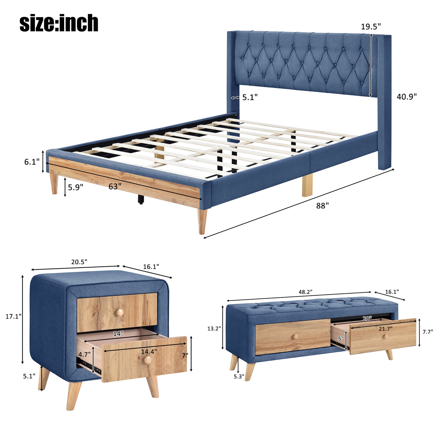 4-Pieces Bedroom Sets Queen Size Upholstered Platform Bed with Two Nightstands and Storage Bench-Blue