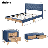 4-Pieces Bedroom Sets Queen Size Upholstered Platform Bed with Two Nightstands and Storage Bench-Blue