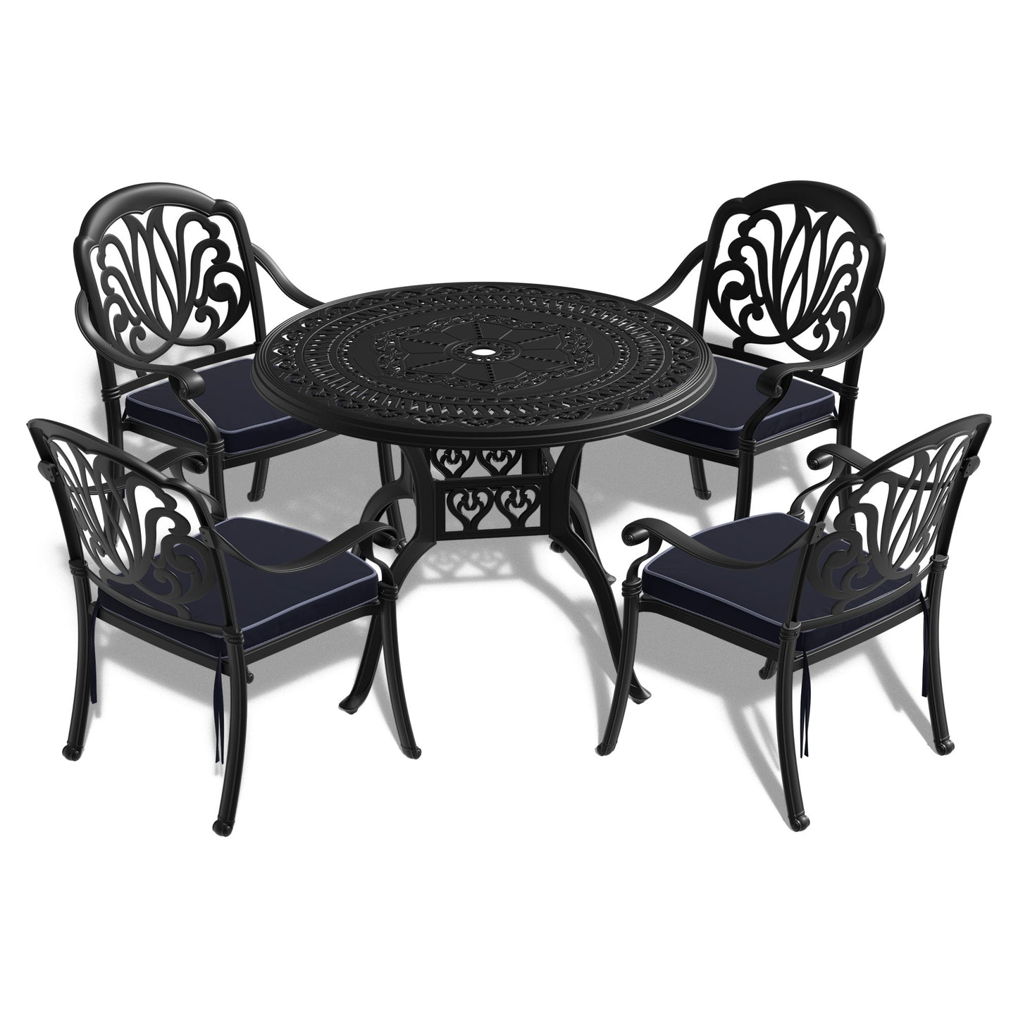 5-Piece Set Of Cast Aluminum Patio Furniture  With Black Frame and  Seat Cushions In Random Colors