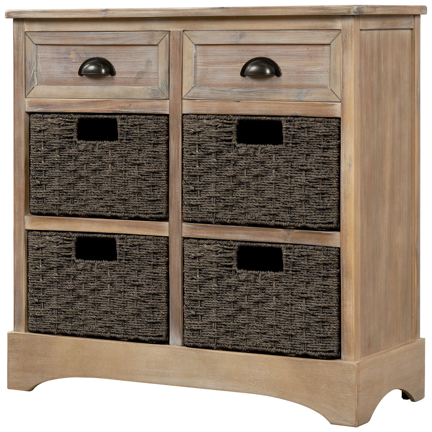 Rustic Storage Cabinet with Two Drawers and Four Classic Rattan Basket for Dining Room/Living Room (White Washed)