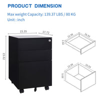 3 Drawer Mobile File Cabinet with Lock Steel File Cabinet for Legal/Letter/A4/F4 Size, Fully Assembled Include Wheels, Home/ Office Design