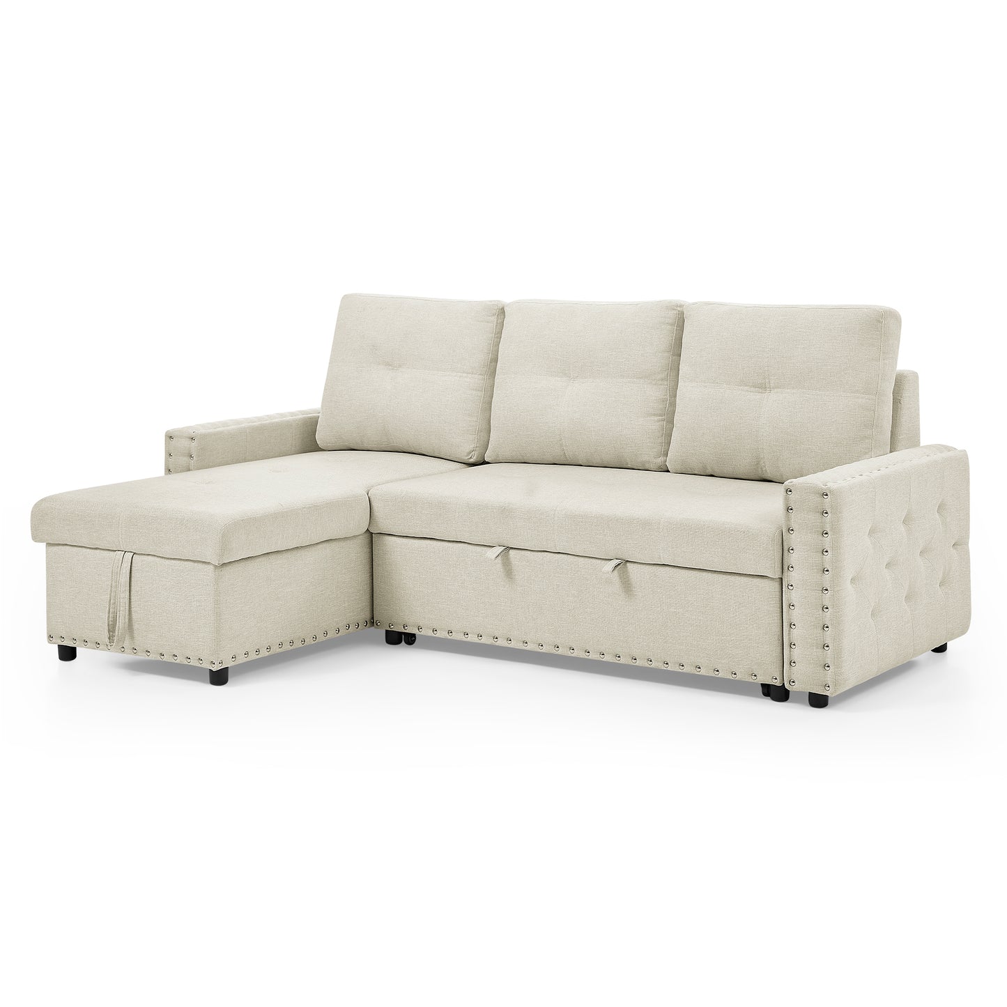 Sectional Sofa with Pulled Out Bed, 2 Seats Sofa and Reversible Chaise with Storage, Both Hands with Copper Nail, Beige, (85" x 56.5" x 35")